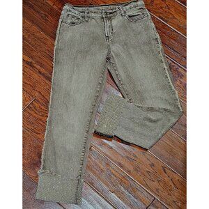 Diane Gilman DG2 Rhinestone-Embellished Distressed Brown Denim Jeans W Cuff